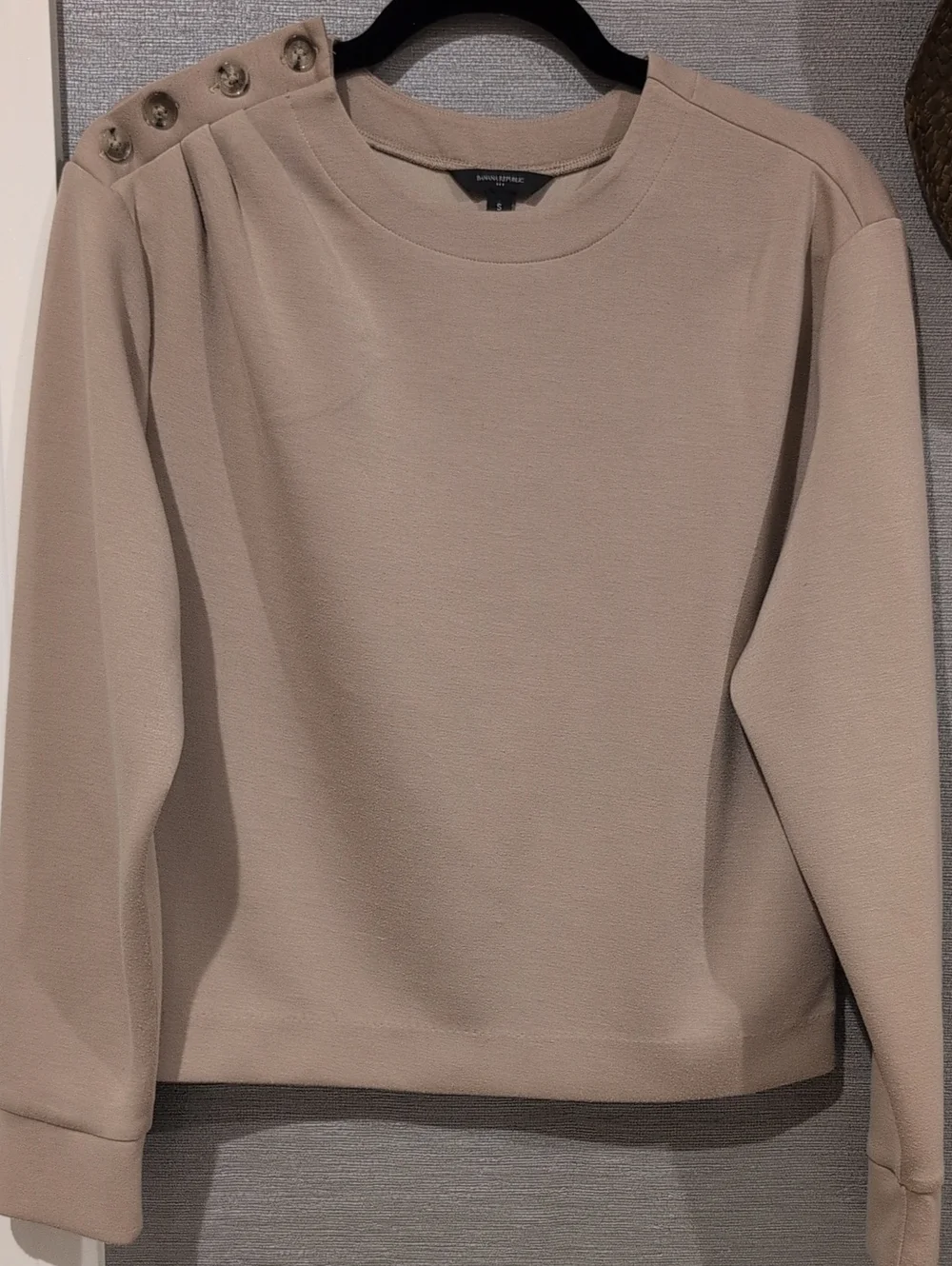 Banana Republic Women’s Taupe Crewneck Sweater with Button-Shoulder Detail